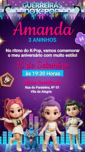 Convite de Aniversário Guerreiras do K-pop Estilo Neon Editável