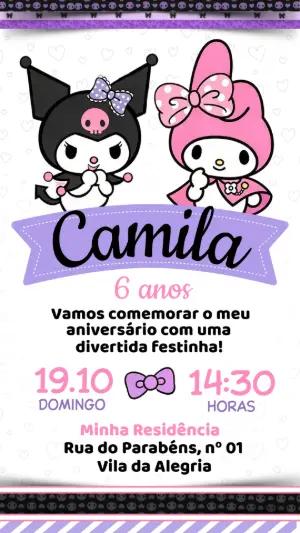Convite de Aniversário Kuromi e Melody Editável para Festa