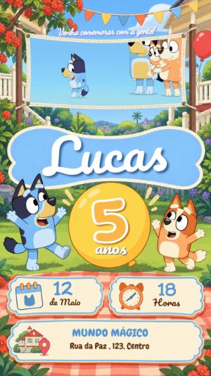 Convite Animado de Aniversário Bluey e Bingo para Editar Online