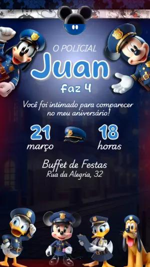 Convite de Aniversário Mickey Policial Editável