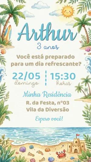 Convite de Aniversário Praia e Verão em Aquarela para Editar