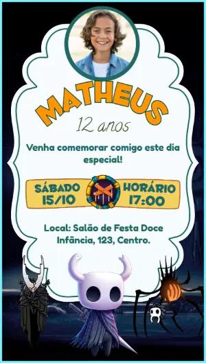 Convite de Aniversário Gamer Hollow Knight Editável com Foto