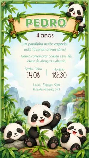Convite de Aniversário Tema Panda Fofo Editável
