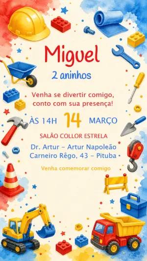 Convite de Aniversário Construção Aquarela para Editar