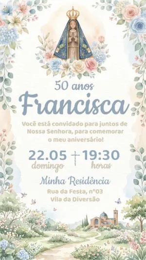 Convite de Aniversário 50 anos Nossa Senhora Aquarela Editável