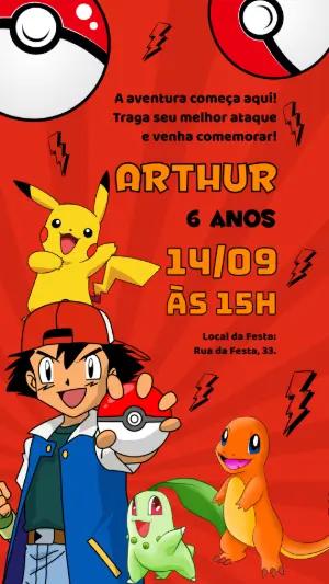 Convite Aniversário Pokémon com Ash e Pikachu para Editar Online