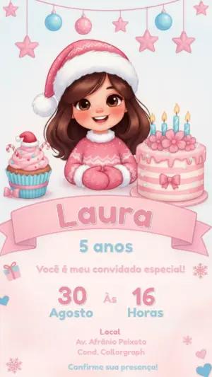 Convite de Aniversário Natal Rosa com Menina Modelo Editável