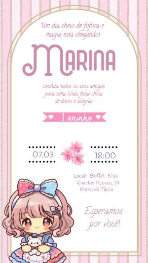 Convite de Aniversário Infantil Boneca Chibi Rosa para Editar