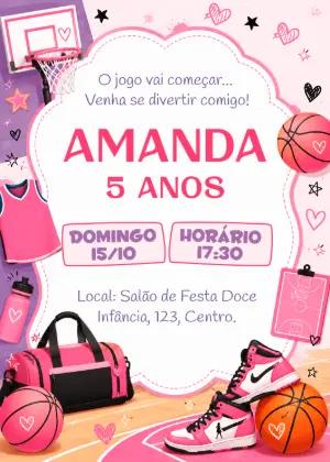 Convite de Aniversário Basquete Menina Rosa Editável