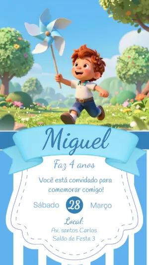 Convite de Aniversário Infantil Catavento Azul Modelo Editável