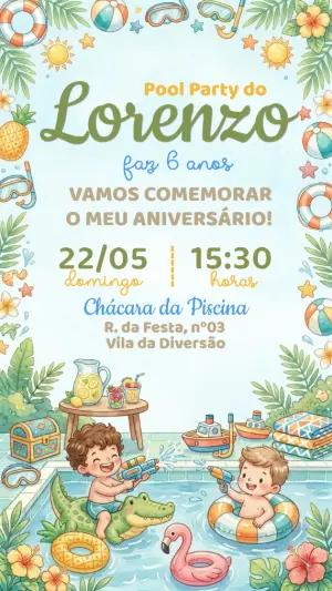Convite de Aniversário Pool Party Menino Aquarela Editável