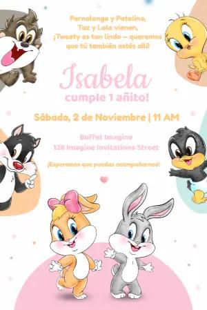 Invitación Tierna de Baby Looney Tunes para Cumpleaños Editable