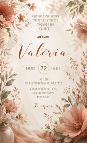 Convite Aniversário 40 Anos Floral Terracota Modelo Editável