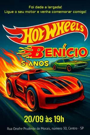Convite de Aniversário Hot Wheels com Carros de Corrida para Editar