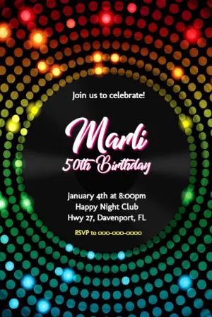 Editable Disco Birthday Party Invitation with Colorful Lights