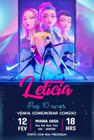 Convite de Aniversário Guerreiras K-pop Neon para Editar