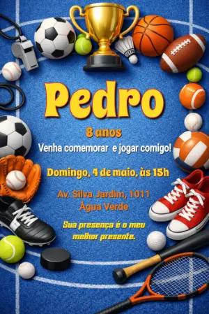 Convite de Aniversário Esportes Colorido para Editar