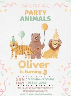 Cute Party Animals Birthday Invitation Editable Template