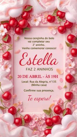 Convite de Aniversário Cerejinha Rosa Delicado para Editar