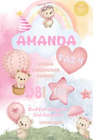 Convite Aniversário Ursinha Baloeira Aquarela para Editar