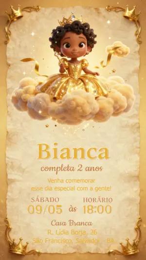 Convite de Aniversário Princesa Negra Realeza Dourada Editável