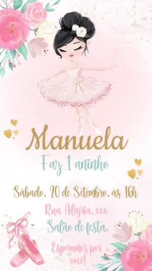 Convite Aniversário Bailarina Aquarela para Editar Online