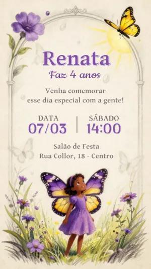 Convite de Aniversário Fada Borboleta Lilás Modelo Editável