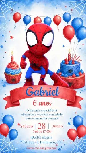 Convite de Aniversário Homem-Aranha Fofo Aquarela Editável