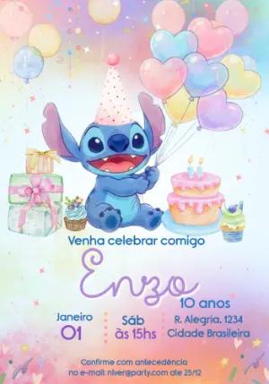 Convite de Aniversário Stitch em Aquarela para Editar