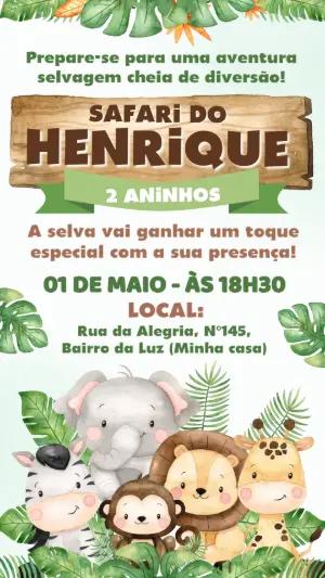 Convite Digital Aniversário Infantil Tema Safari Editável