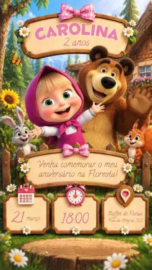 Convite de Aniversário Masha e o Urso Editável para Menina