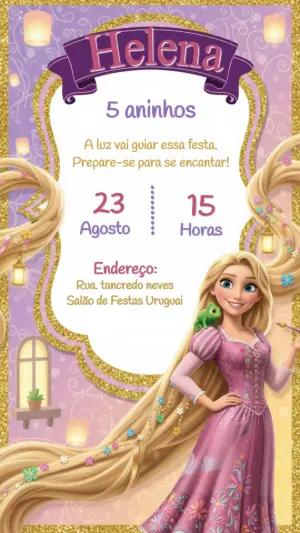 Convite de Aniversário Enrolados Rapunzel Roxo e Dourado Editável