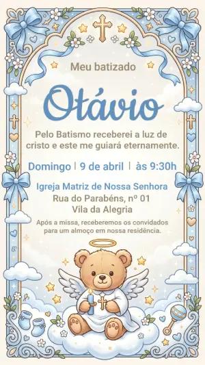 Convite de Batizado Menino Ursinho Anjo Azul Editável