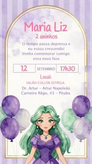 Convite de Aniversário Princesa Cabelo Verde Roxo Editável