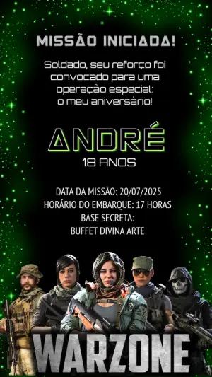 Convite Aniversário Warzone com Personagens para Editar Online