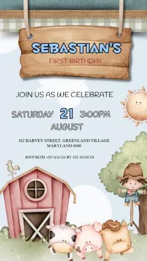 Farm Animals First Birthday Invitation Editable Template