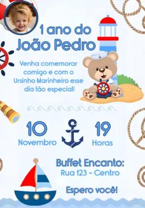 Convite Aniversário Ursinho Marinheiro com Foto para Editar