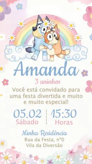 Convite de Aniversário Bluey Menina Aquarela Editável