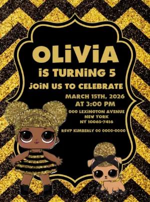 Glam Doll Birthday Invitation in Black & Gold - Editable Template