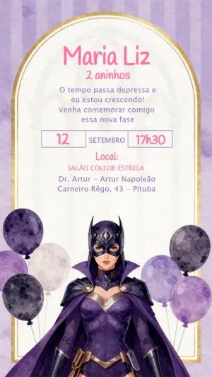 Convite de Aniversário Super-heroína Roxo Editável