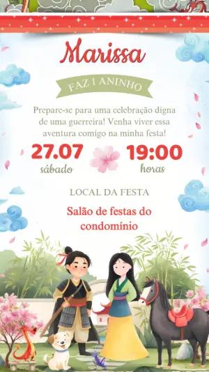 Convite de Aniversário Mulan com Personagens para Editar Online