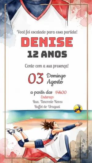 Convite de Aniversário Vôlei Feminino para Editar Online