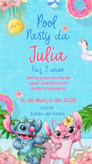 Convite Animado Aniversário Pool Party Stitch e Angel para Editar