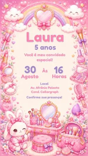 Convite de Aniversário Maquiagem e Coelhinha Rosa Editável