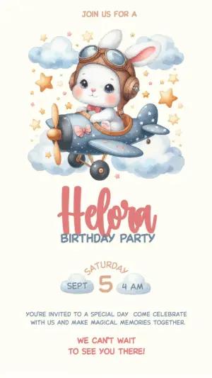 Cute Bunny Pilot Birthday Invitation Editable Template