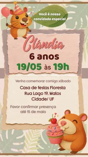 Convite de Aniversário Infantil Capivara Fofo Editável