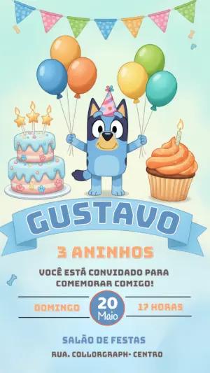 Convite de Aniversário Infantil Bluey Colorido para Editar