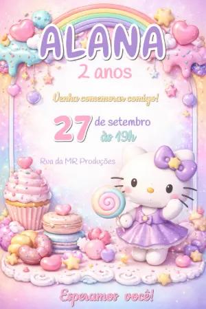 Convite de Aniversário Infantil Hello Kitty Candy Editável