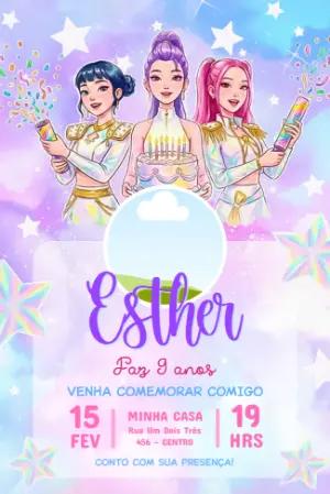 Convite de Aniversário Guerreiras do Kpop com Foto Editável