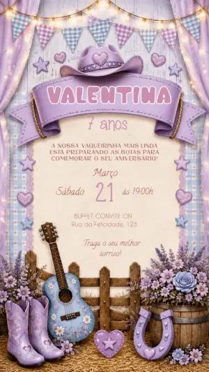 Convite Aniversário Cowgirl Fazendinha Lilás Editável